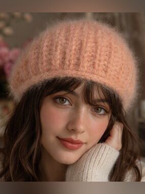 🌷Vintage🌷 Angora Wool Beret Soft Blush Peach Coral Pink Hand Crochet Hat